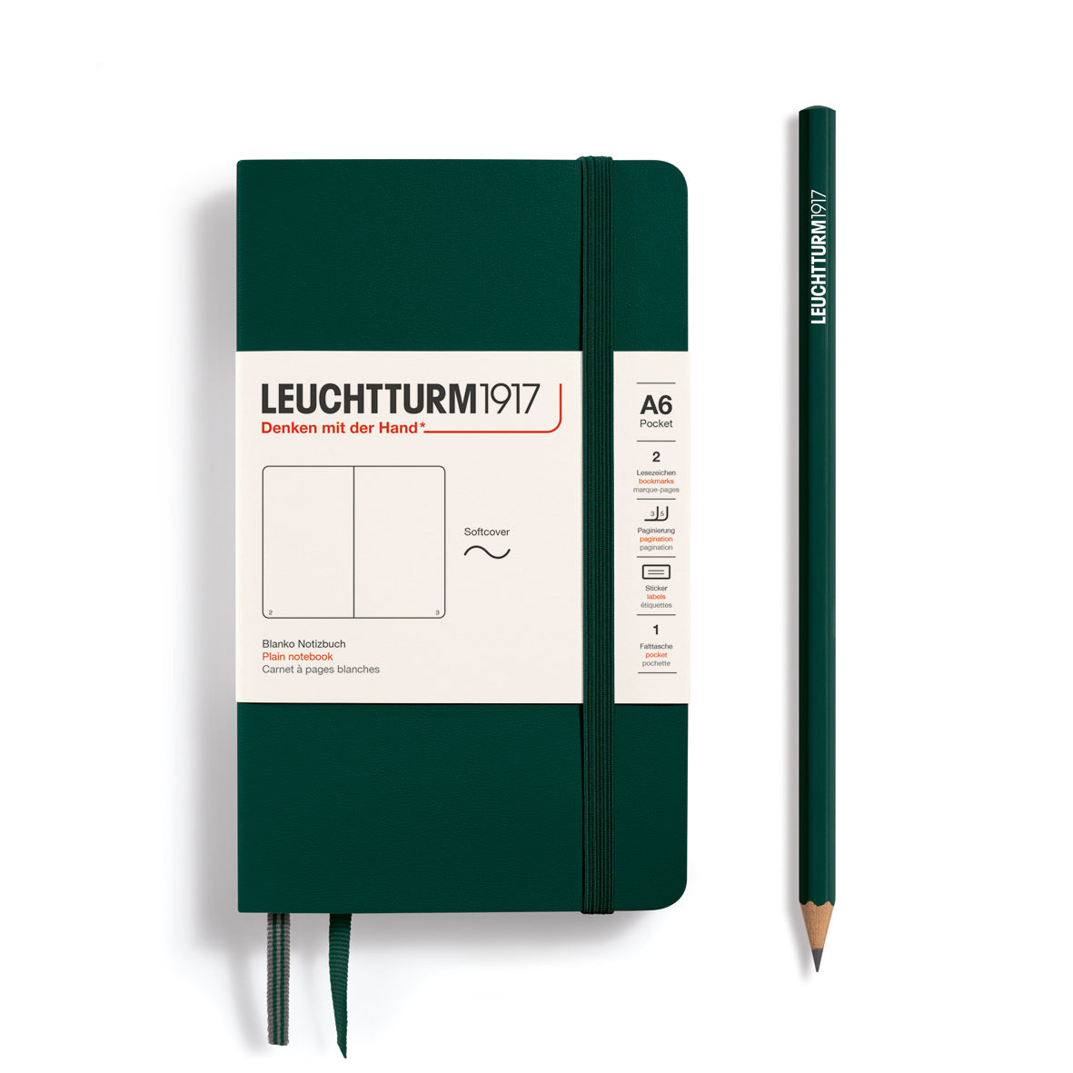 Green notebook with a pencil on a white background, featuring Leuchtturm1917 branding.