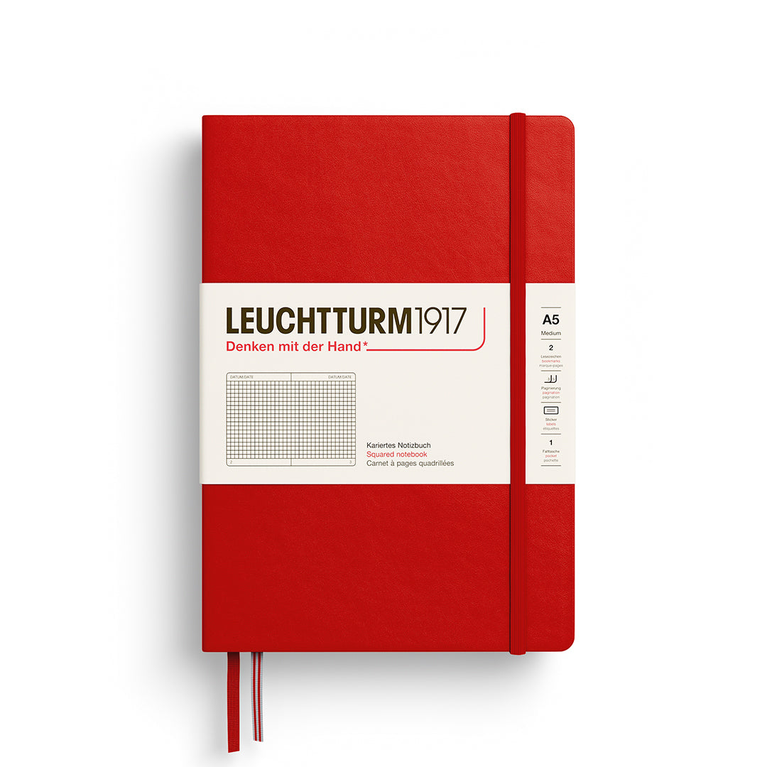 Red notebook with white label featuring 'Leuchtturm1917' on a white background