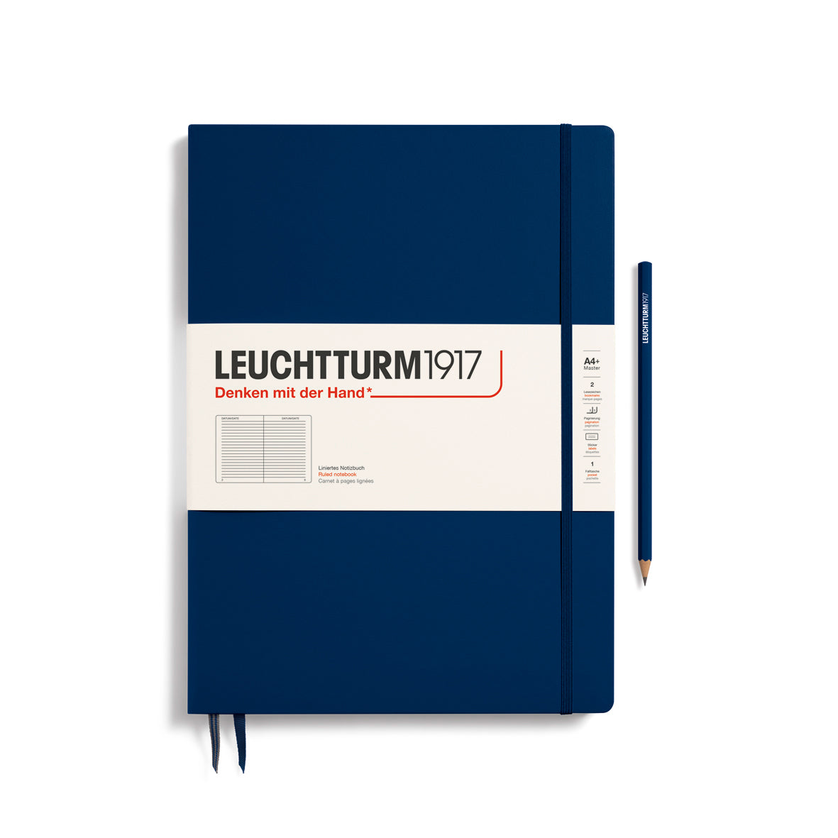 Blue notebook with white label featuring 'Leuchtturm1917' on a white background