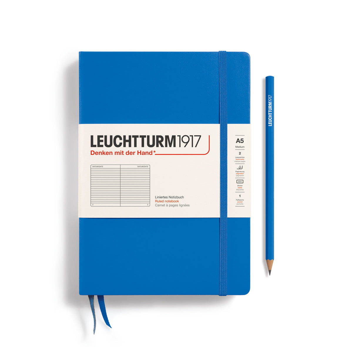 Blue notebook with Leuchtturm1917 branding on a white background