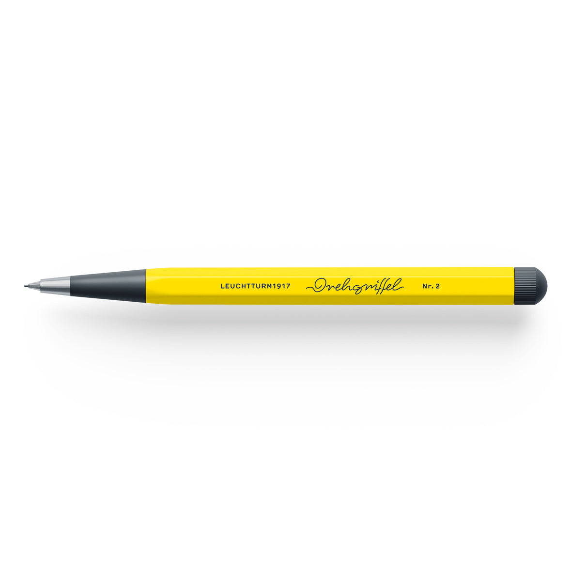 Yellow pencil with black accents on a white background