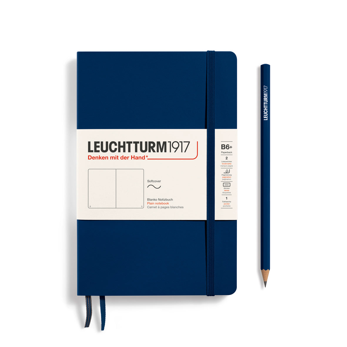 Blue notebook with a pencil on a white background, featuring the Leuchtturm1917 brand.