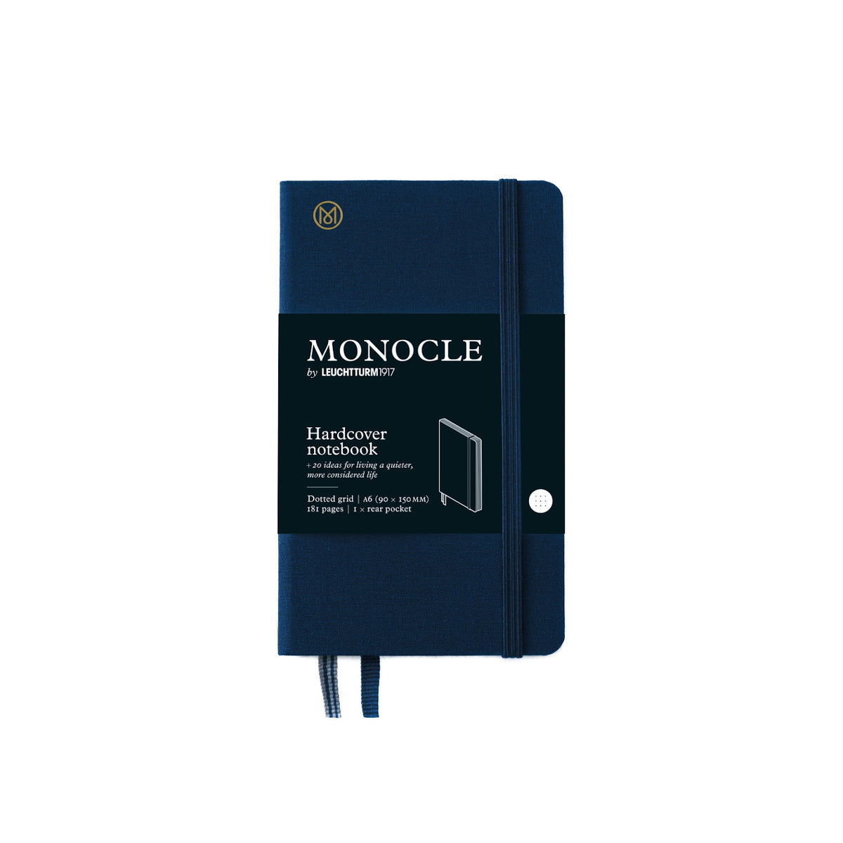 Blue notebook with 'Monocle' branding on a white background
