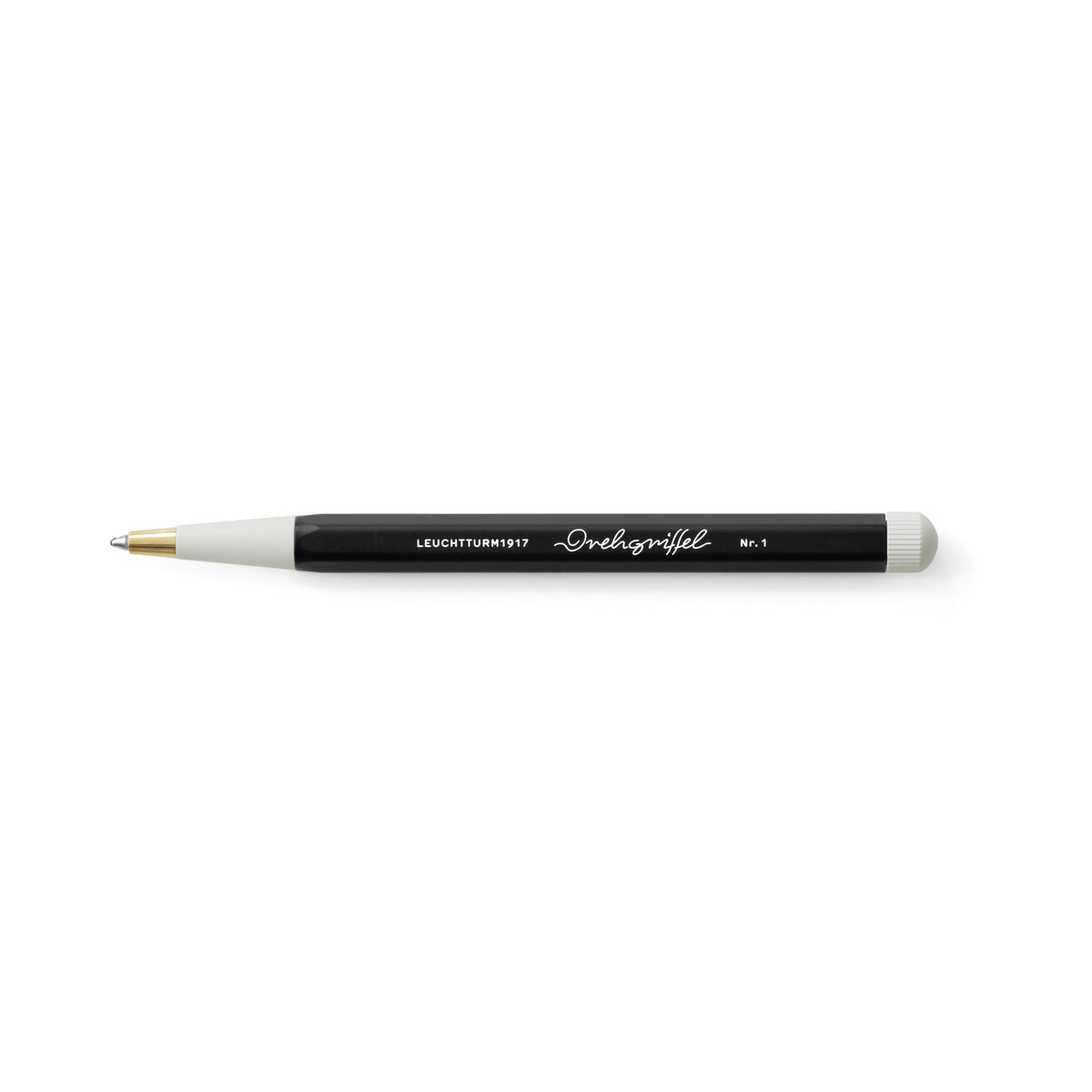 Black Twist Stylus Ballpoint Pen with white accents on a white background