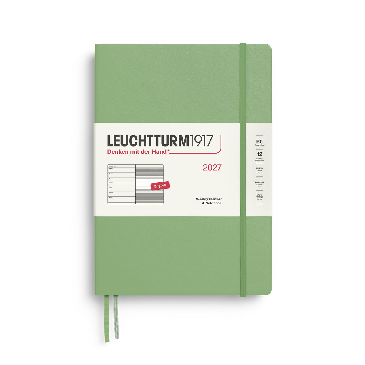 Weekly Planner & Notebook 2027, 12 Months, Ruled, English – Composition (B5) Hardcover Sage