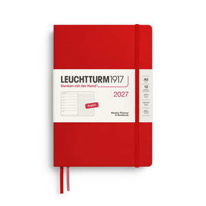 Weekly Planner & Notebook 2027, 12 Months, Dotted, English – Medium (A5) Hardcover Cherry