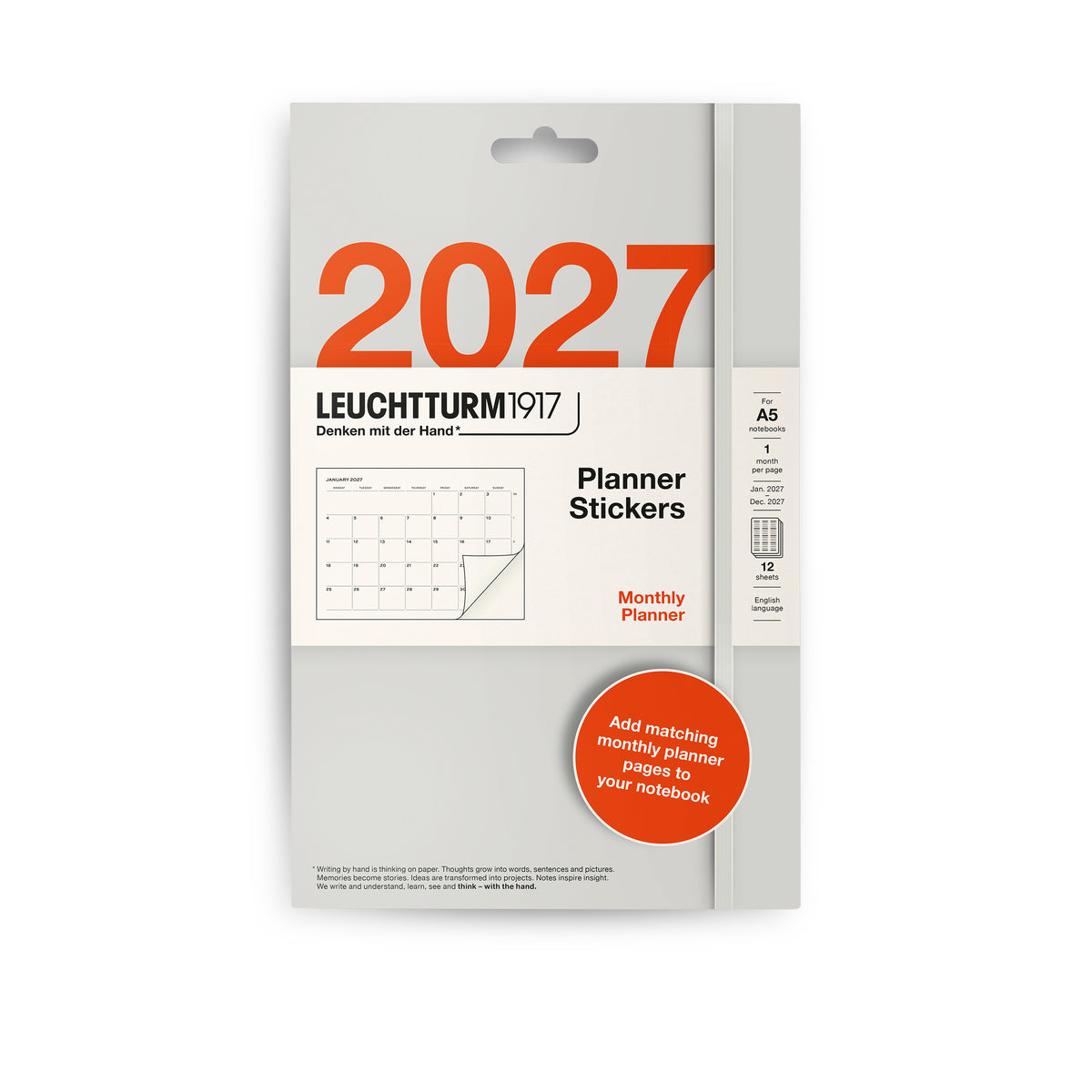 Leuchtturm1917 2027 Planner Stickers for monthly planning, A5, 12 sheets, in grey packaging with orange 2027 lettering