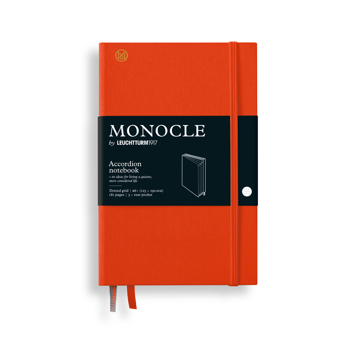 An orange Monocle Wallet notebook by Leuchtturm1917, featuring a black paper band around the middle with white text and a small white circular button on the side, shown on a white background.