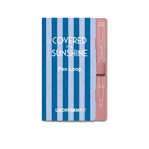 Blue and white striped pen loop with pink pen on a white background