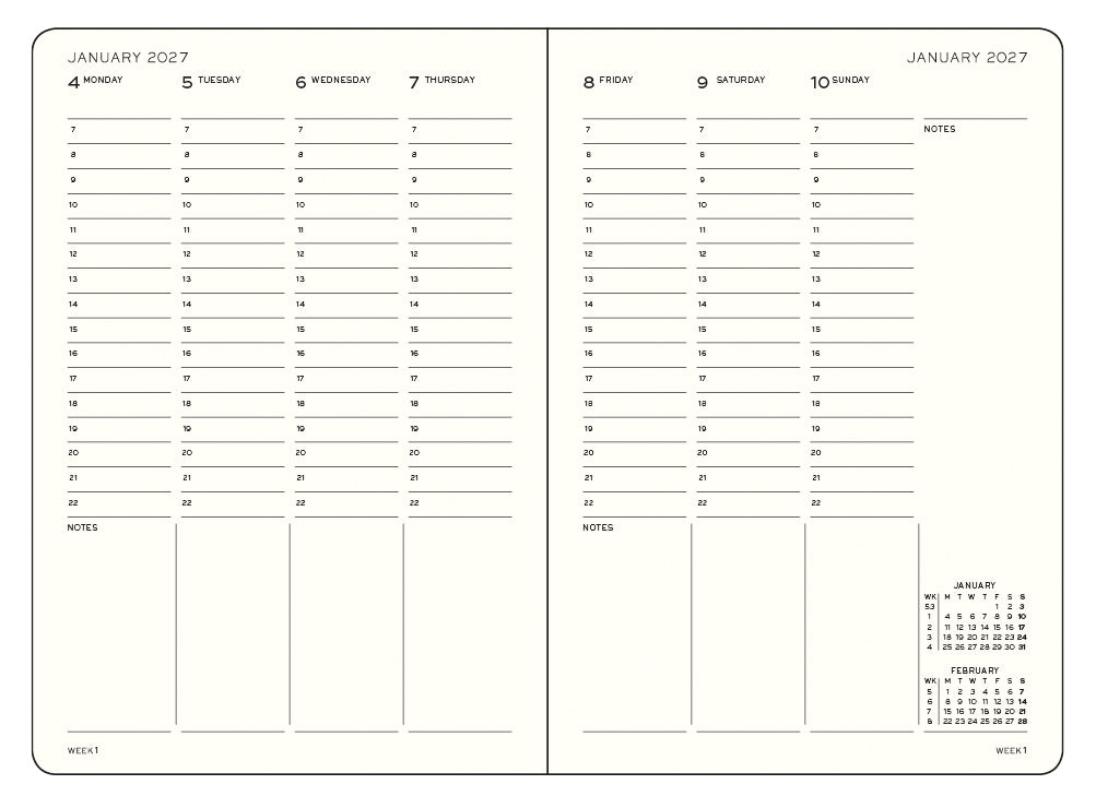 Two-page spread of a January 2027 calendar with days of the week and notes section.