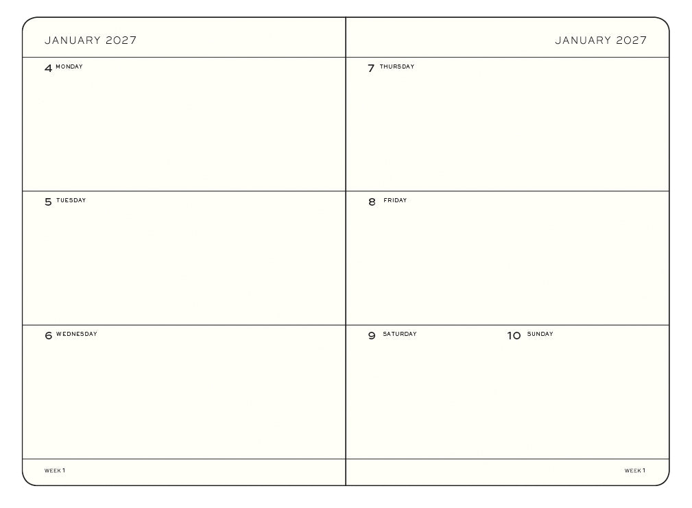 Two identical calendar pages for January 2027 with days of the week labels.