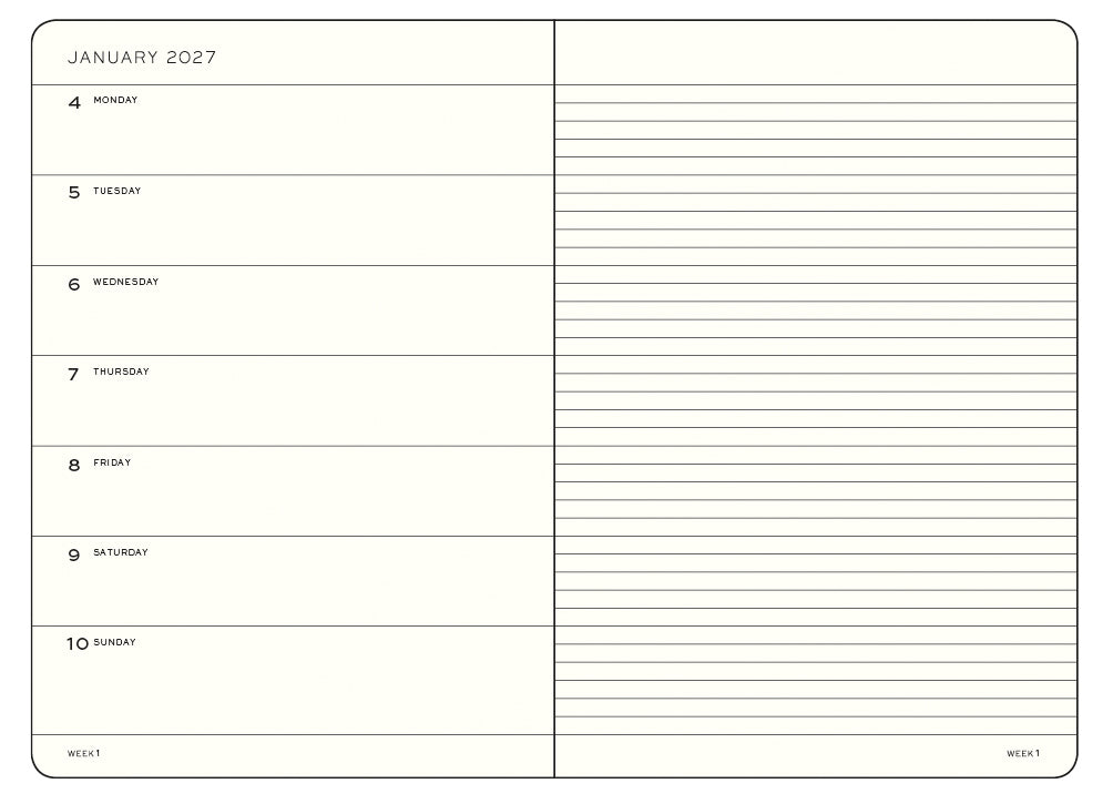 Calendar page for January 2027 with days of the week and lined space for notes.