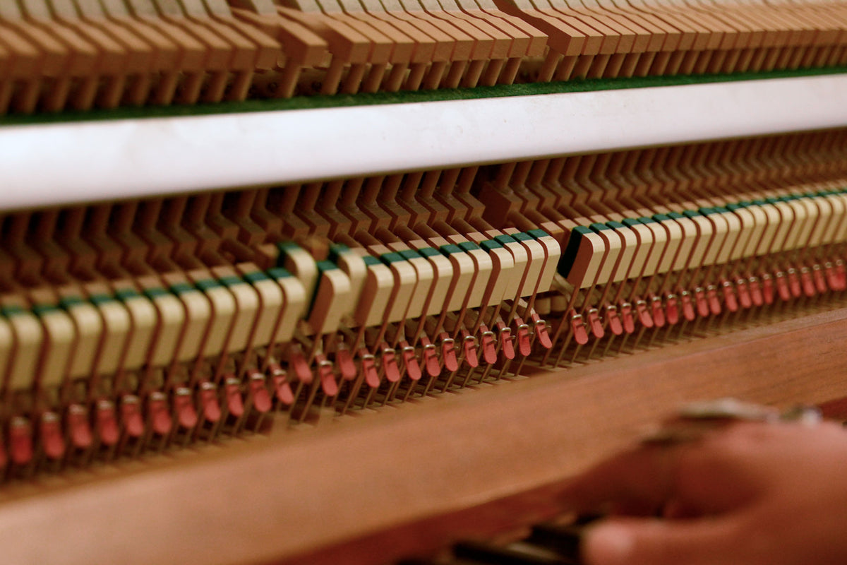 Close-up of a piano's internal mechanism