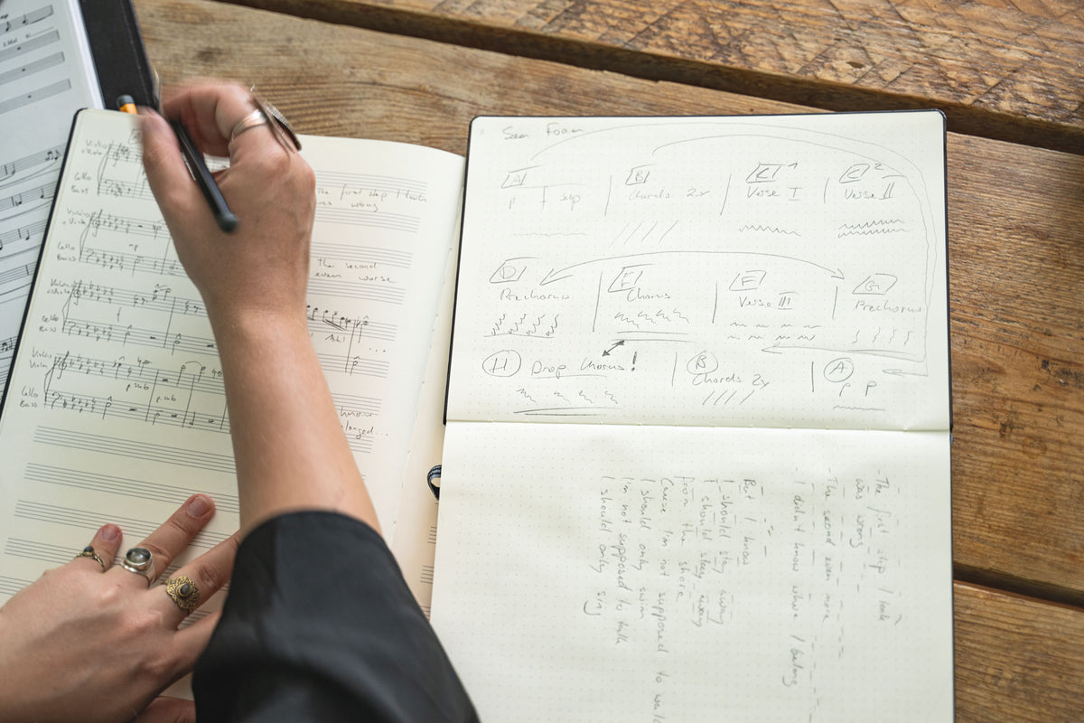 Person writing in a notebook on a wooden table