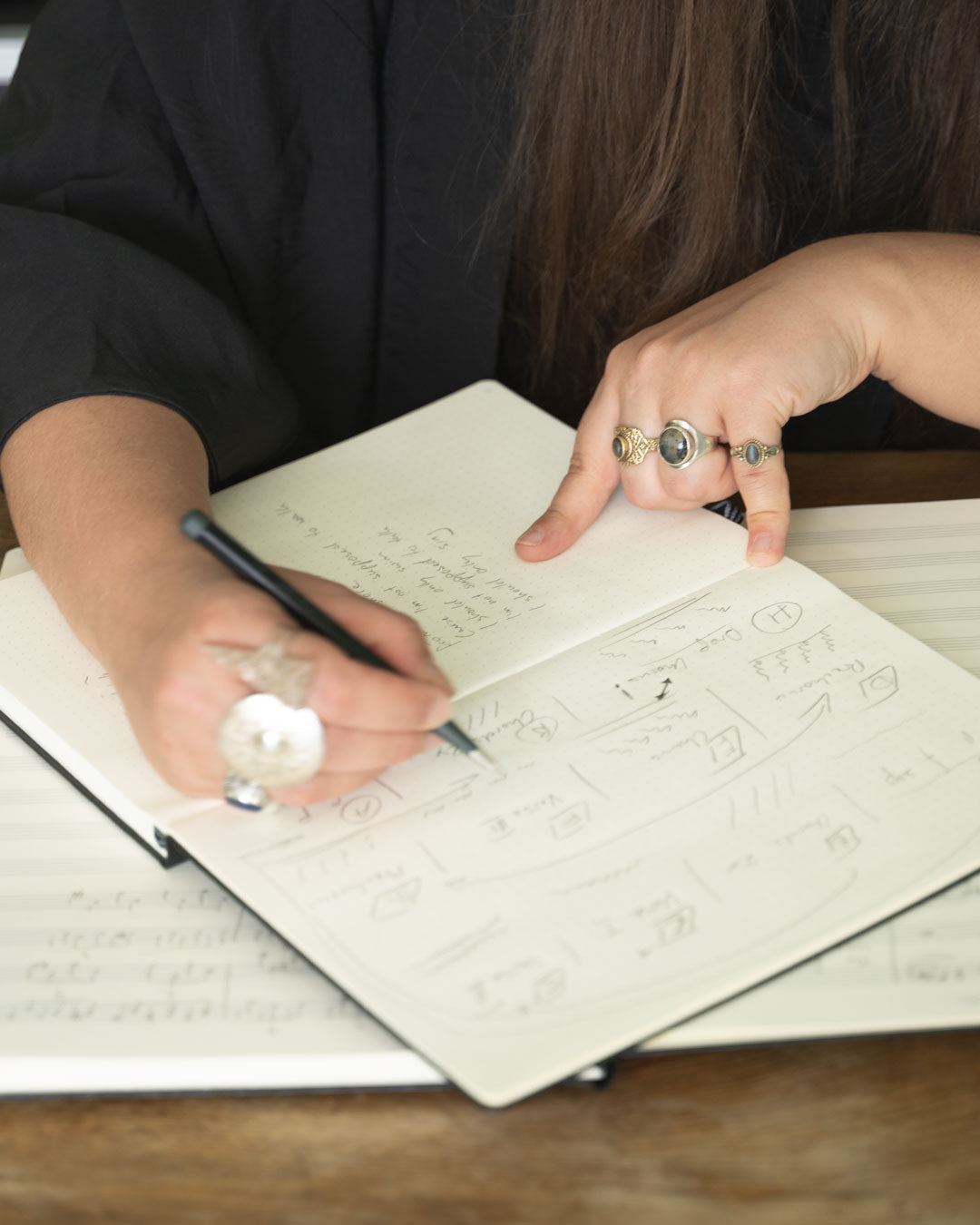 Person writing in a notebook with a pen on a wooden surface