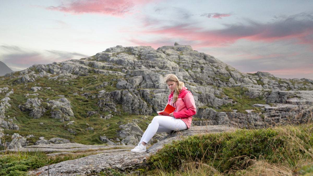 Person sitting on a rock with a book, surrounded by a mountainous landscape with a pink sky.