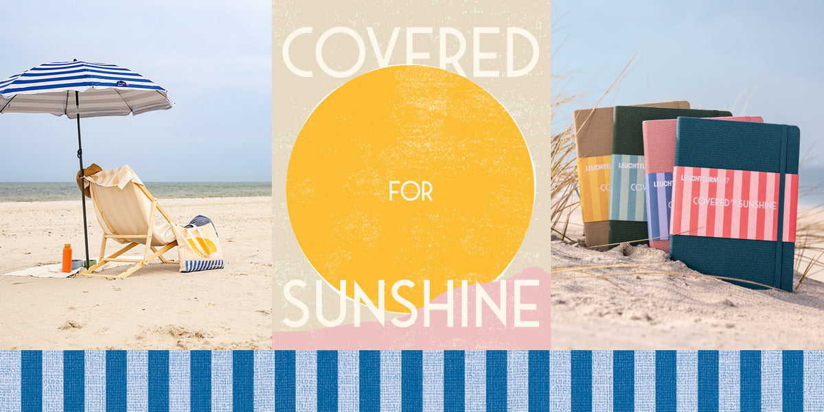 A beach-themed promotional collage with a blue-and-white striped umbrella and lounge chair on the left, a large yellow circle in the center with the words 'COVERED FOR SUNSHINE,' and several colorful beach bags standing on the sand on the right.