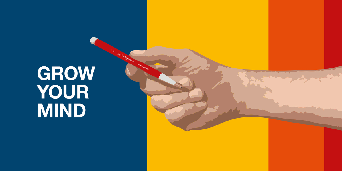 Hand holding a red pencil against a colorful background with 'Grow Your Mind' text.