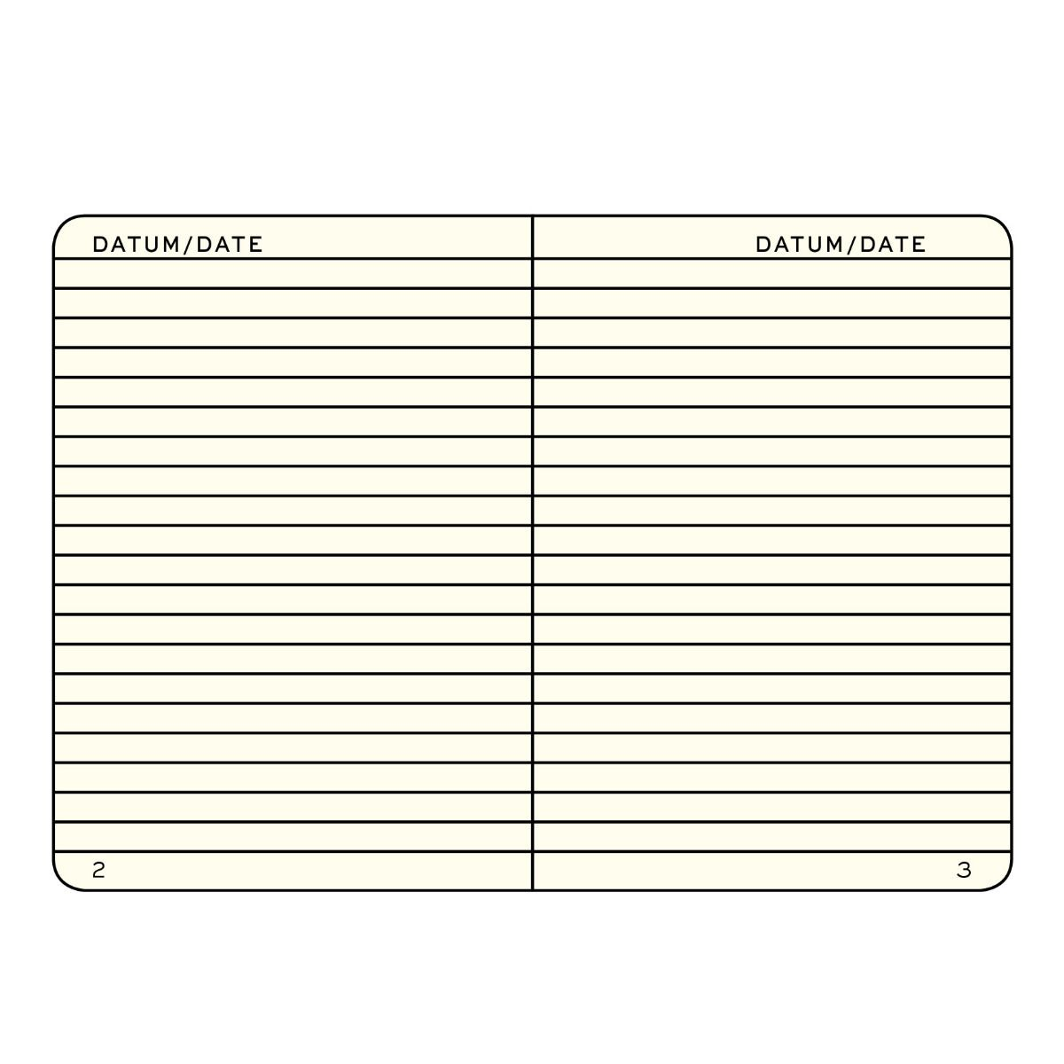 Two lined sheets of paper with 'DATUM/DATE' columns on a white background