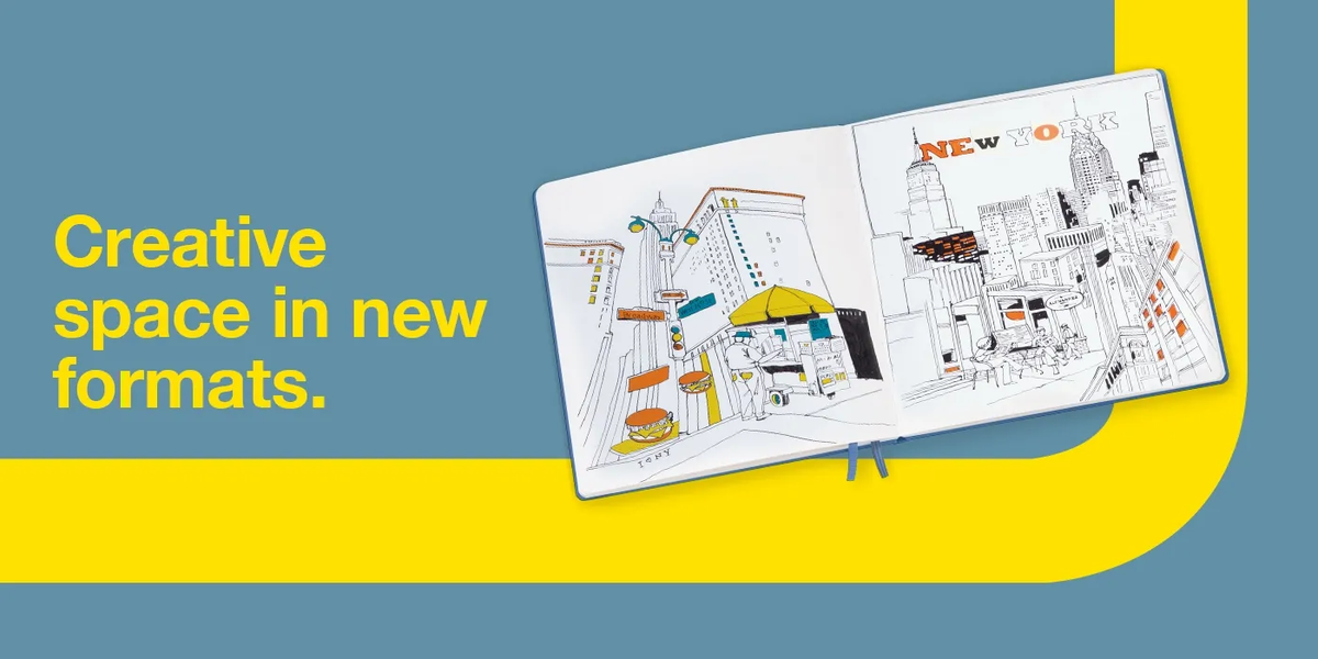 Open book with architectural drawings on a blue and yellow background with text 'Creative space in new formats'.