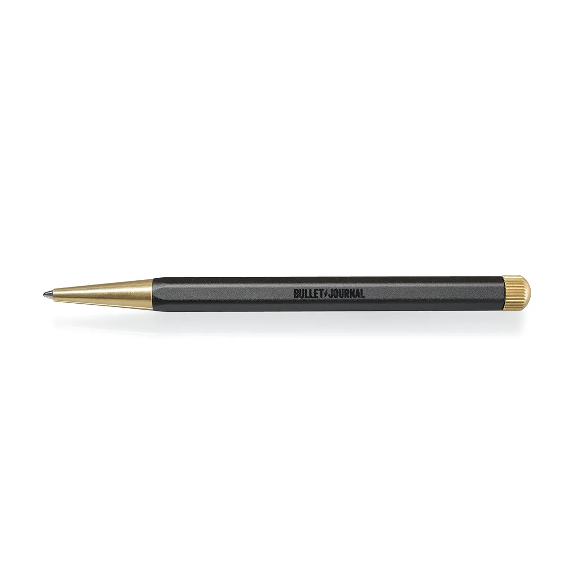 Metallic gray pen with gold accents on a white background