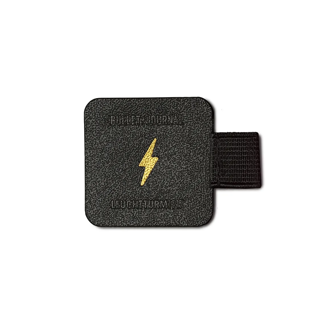 Black pen loop with gold lightning bolt design on a white background