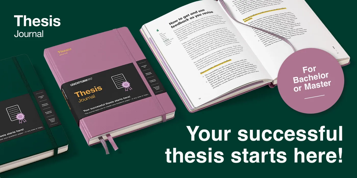 Thesis Journal with an open book on a green background, promoting success in thesis work.