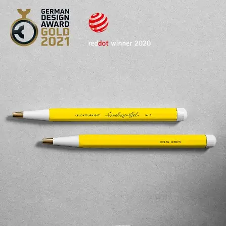 Two yellow markers with white accents on a gray background, featuring awards on top.