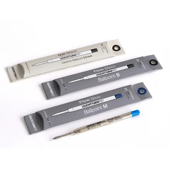 Set of Leuchtturm ballpoint pen refills with packaging on a white background