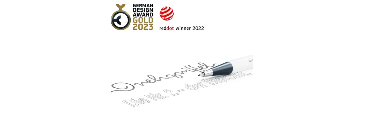 Pen with a signature and German Design Award logo on a white background