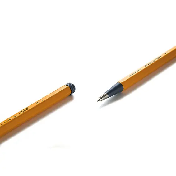 Two pencils with yellow bodies and black caps on a white background