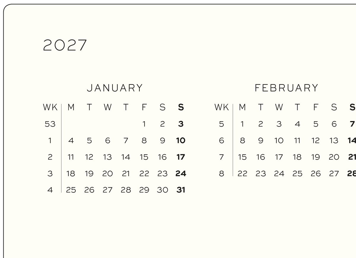 Calendar for 2027 showing January and February with week numbers.