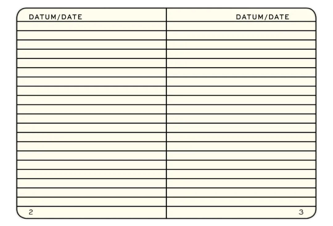 Blank calendar page with 'Datum/Date' columns and ruled lines.