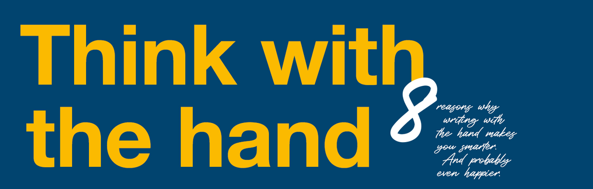 Promotional graphic with 'Think with the hand' text on a blue background