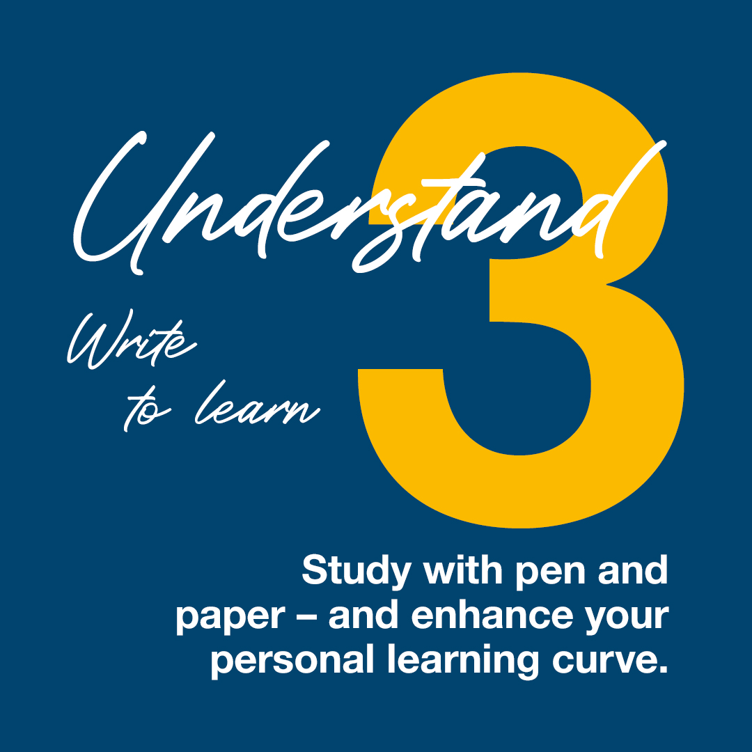 Promotional graphic with a large yellow number '3' on a blue background, featuring text about studying with pen and paper.