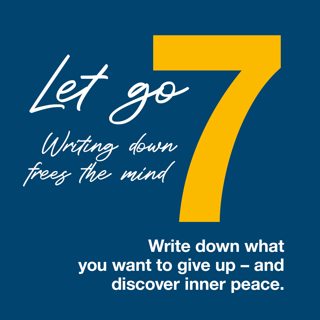 Motivational poster with number 7 on a blue background, featuring text about letting go and writing down desires.