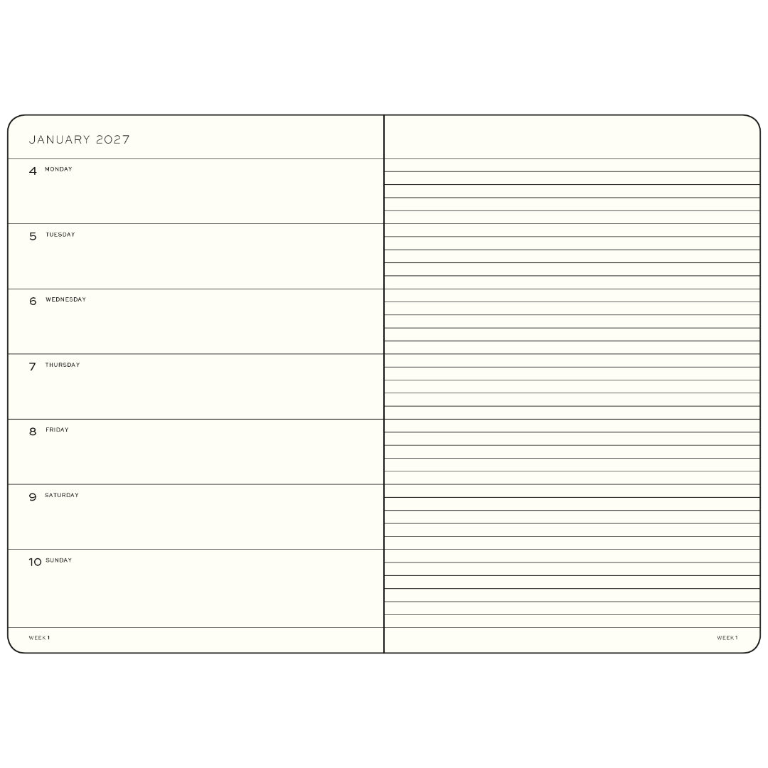 Calendar page for January 2027 with days of the week and lined notes section.